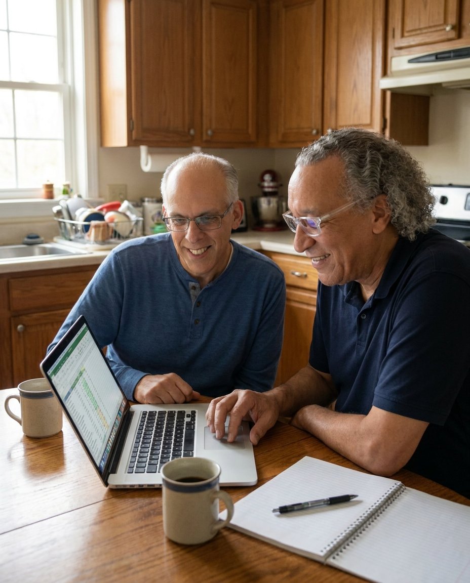Coach Tim Hess and Rich Dias reviewing the business on a laptop
